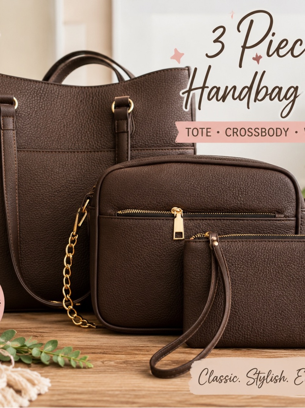 NWOT Brown 3 Piece Handbag Set Tote Crossbody Wristlet Purse Set